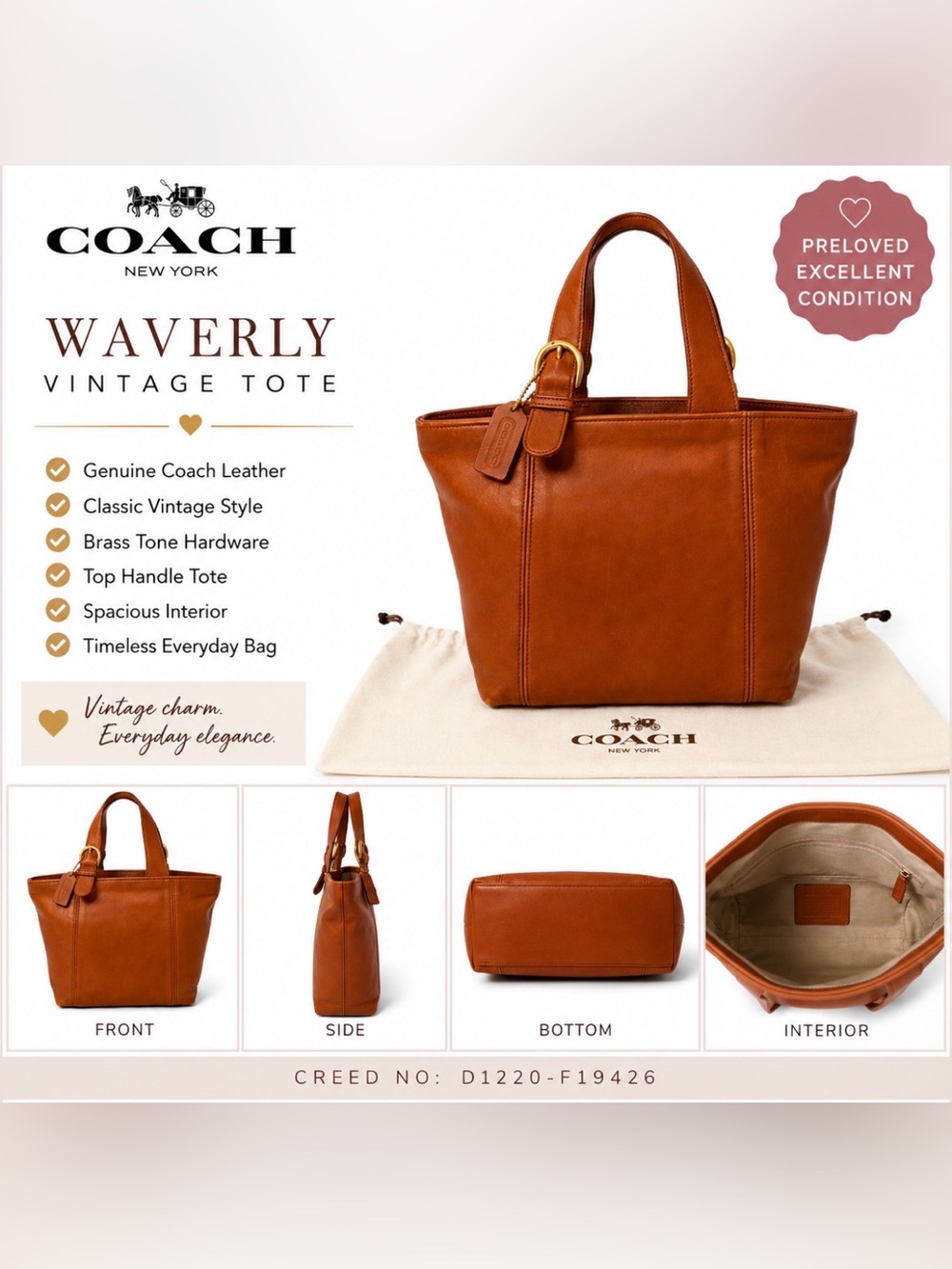Coach Waverly British Tan Leather Tote Bag. 1996 EUC - Picture 2 of 10